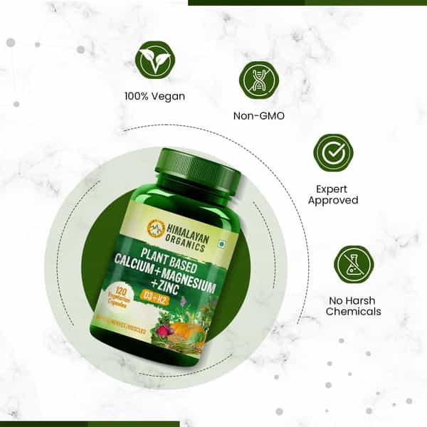 Himalayan Organics Plant Based Calcium Magnesium Zinc D3 & K2 | Whole Food & Natural- 120 Capsules
