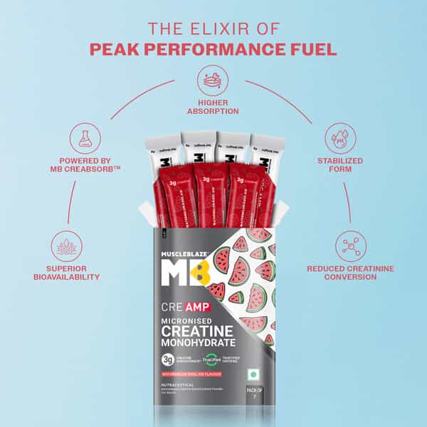 Muscleblaze Micronised Creatine Monohydrate Creamp Powder | Watermelon Kool Aid | 7 Sachet (4G Each)