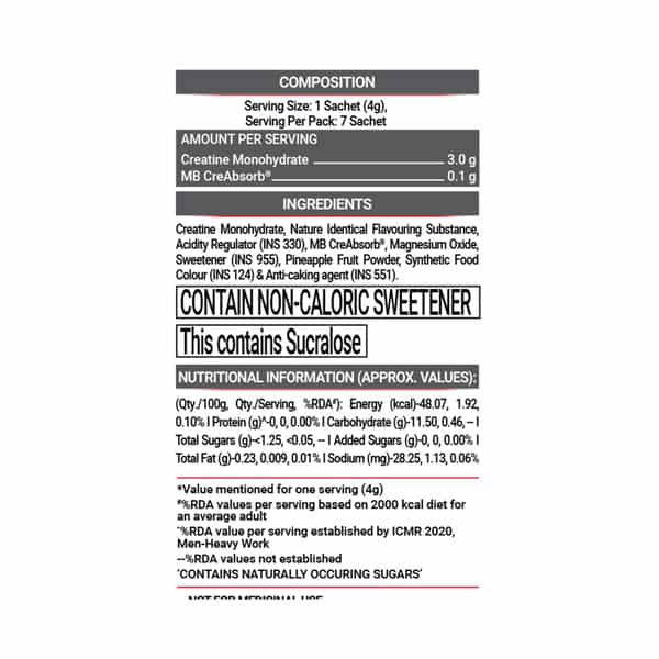 Muscleblaze Micronised Creatine Monohydrate Creamp Powder | Watermelon Kool Aid | 7 Sachet (4G Each)