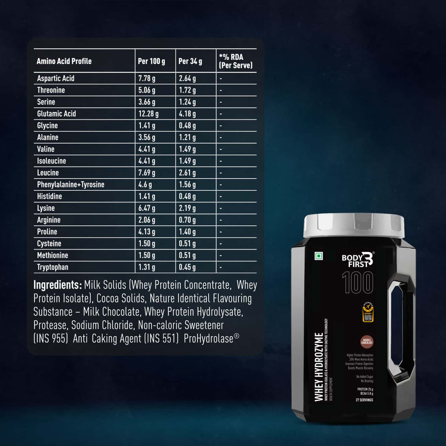 Buy BODYFIRST WHEY HYDROZYME WHEY PROTEIN ISOLATE & HYDROLYSATE, DOUBLE CHOCOLATE, 1 KG Online