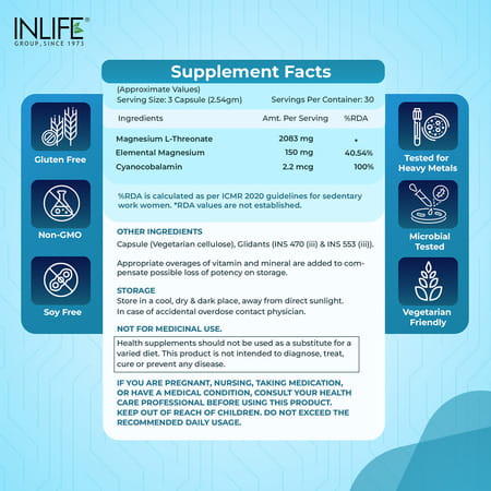 Inlife Magnesium L Threonate Supplement 2083 Mg Vitamin B12 |Cognitive Health | Sleep Support - 90 N