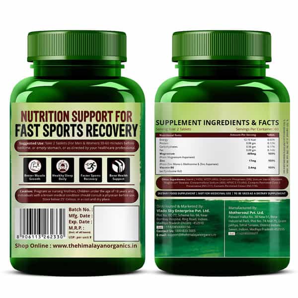 Vlado's Himalayan Organics Zma (Zinc | Magnesium Aspartate) Sports Recovery Supplement | Veg -120N