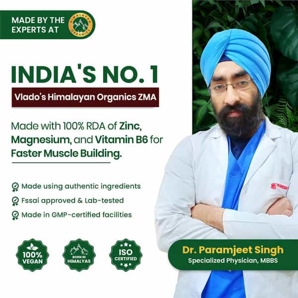 Vlado's Himalayan Organics Zma (Zinc | Magnesium Aspartate) Sports Recovery Supplement | Veg -120N