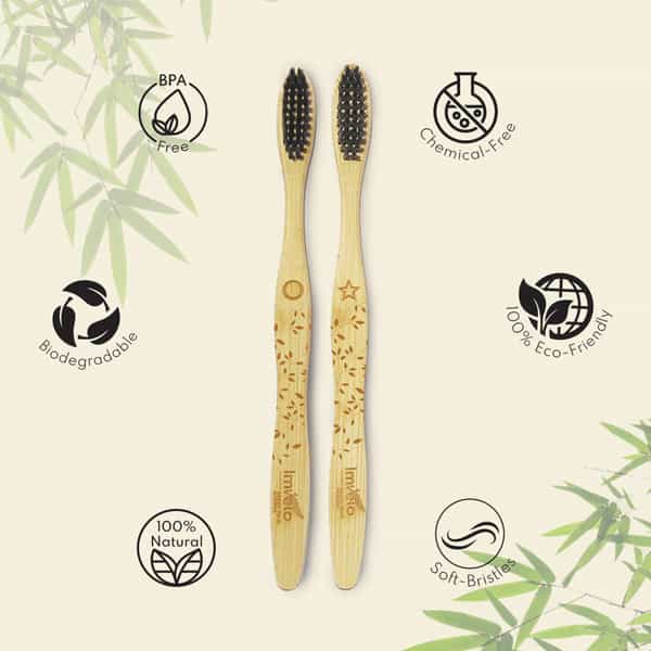 Imvelo Family Pack - 2 Adult & 2 Kid Bamboo Toothbrush With Charcoal Activated Soft Bristles