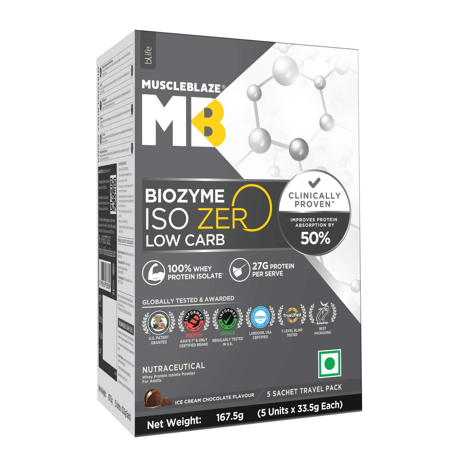 Muscleblaze Biozyme Iso-zero (ice Cream Choco | 5x33.5g) | Low Carb | 5 Sachets