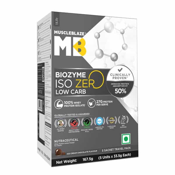Muscleblaze Biozyme Iso-Zero (Ice Cream Choco | 5X33.5g) | Low Carb | 5 Sachets
