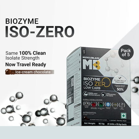 Muscleblaze Biozyme Iso-Zero (Ice Cream Choco | 5x33.5g) | Low Carb | 5 Sachets