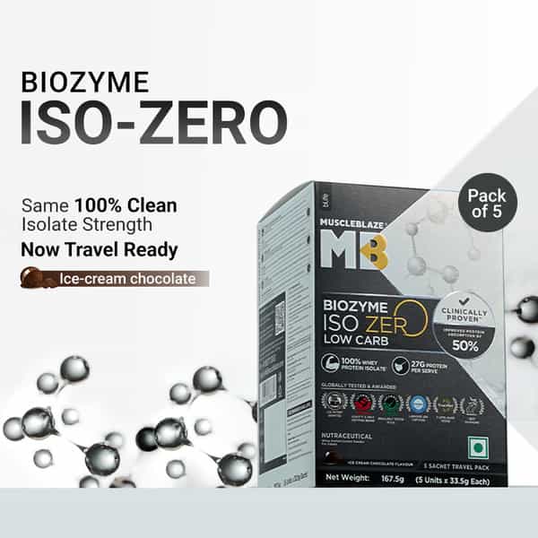 Muscleblaze Biozyme Iso-Zero (Ice Cream Choco | 5X33.5g) | Low Carb | 5 Sachets
