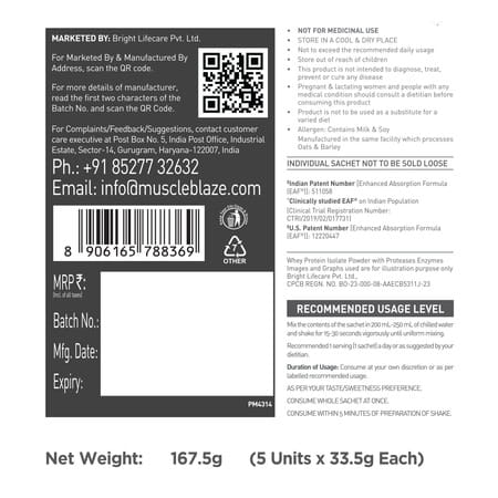 Muscleblaze Biozyme Iso-Zero (Ice Cream Choco | 5x33.5g) | Low Carb | 5 Sachets