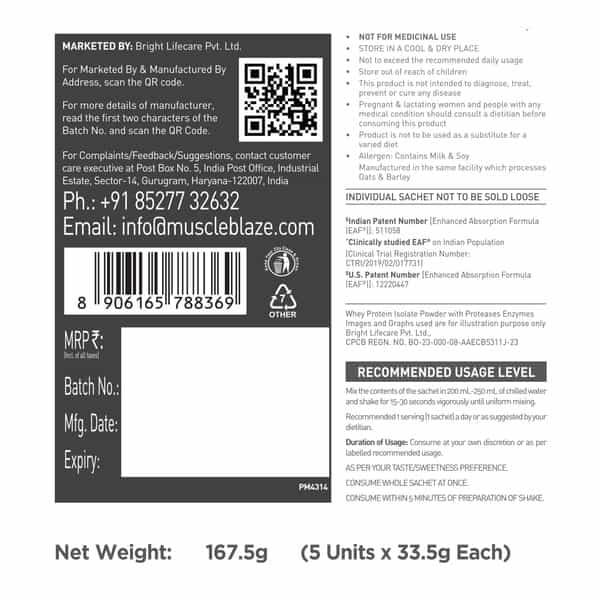 Muscleblaze Biozyme Iso-Zero (Ice Cream Choco | 5X33.5g) | Low Carb | 5 Sachets