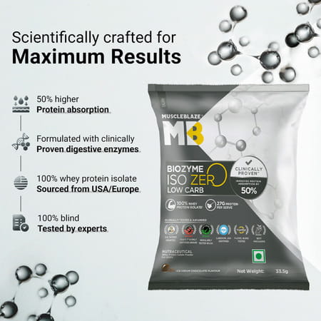 Muscleblaze Biozyme Iso-Zero (Ice Cream Choco | 5x33.5g) | Low Carb | 5 Sachets