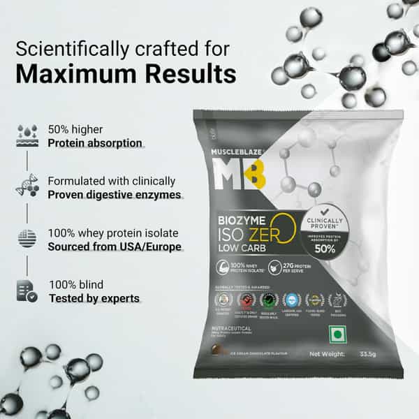 Muscleblaze Biozyme Iso-Zero (Ice Cream Choco | 5X33.5g) | Low Carb | 5 Sachets