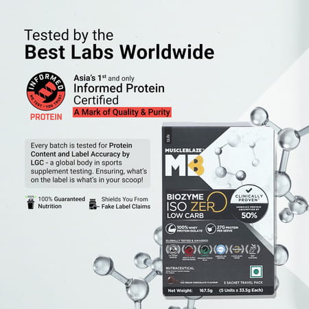 Muscleblaze Biozyme Iso-Zero (Ice Cream Choco | 5x33.5g) | Low Carb | 5 Sachets