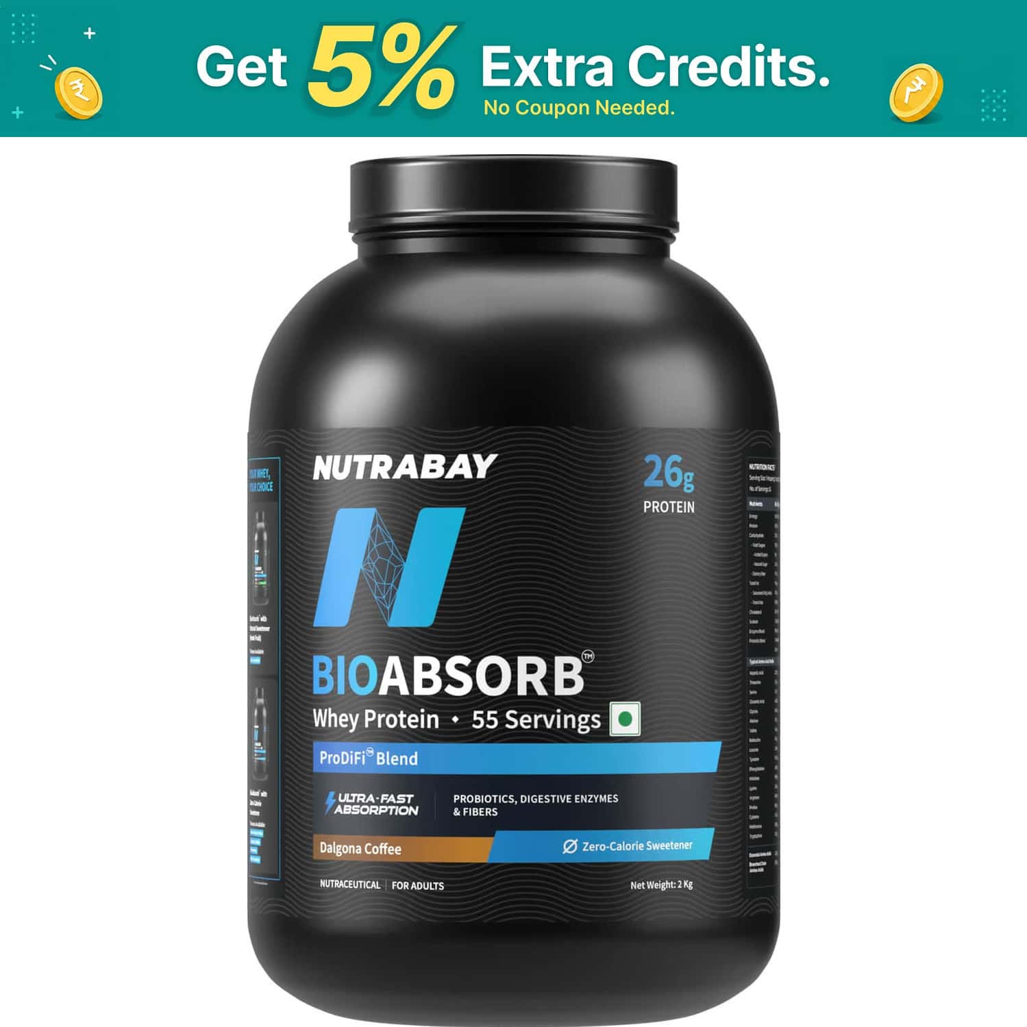 Nutrabay Bioabsorb Whey Protein Powder | Prodifi Blend | 26g Per Scoop | Dalgona Coffee - 2kg