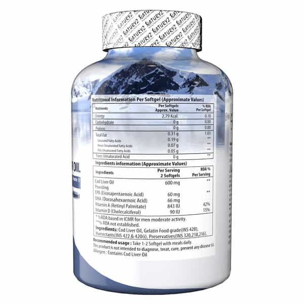 Naturyz Icelandic Cod Liver Fish Oil Capsules With Natural Omega 3 & Vitamins (A & D) (100 Softgels)