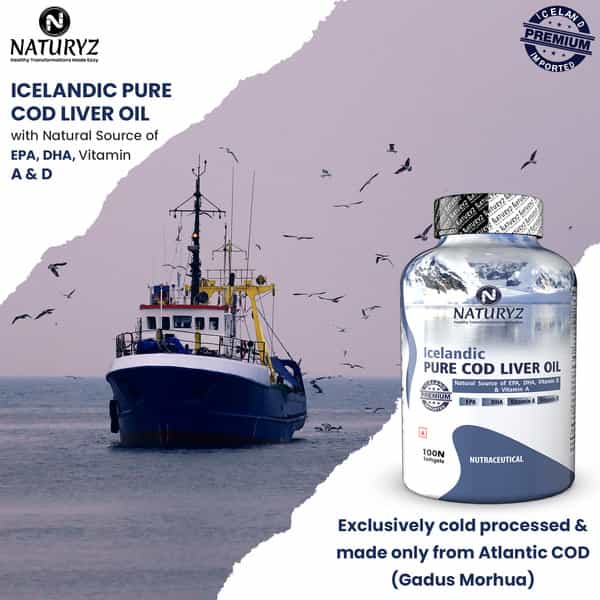 Naturyz Icelandic Cod Liver Fish Oil Capsules With Natural Omega 3 & Vitamins (A & D) (100 Softgels)