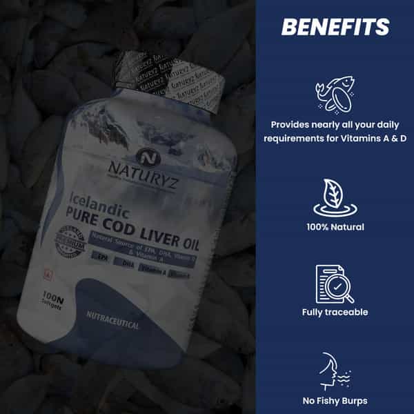 Naturyz Icelandic Cod Liver Fish Oil Capsules With Natural Omega 3 & Vitamins (A & D) (100 Softgels)