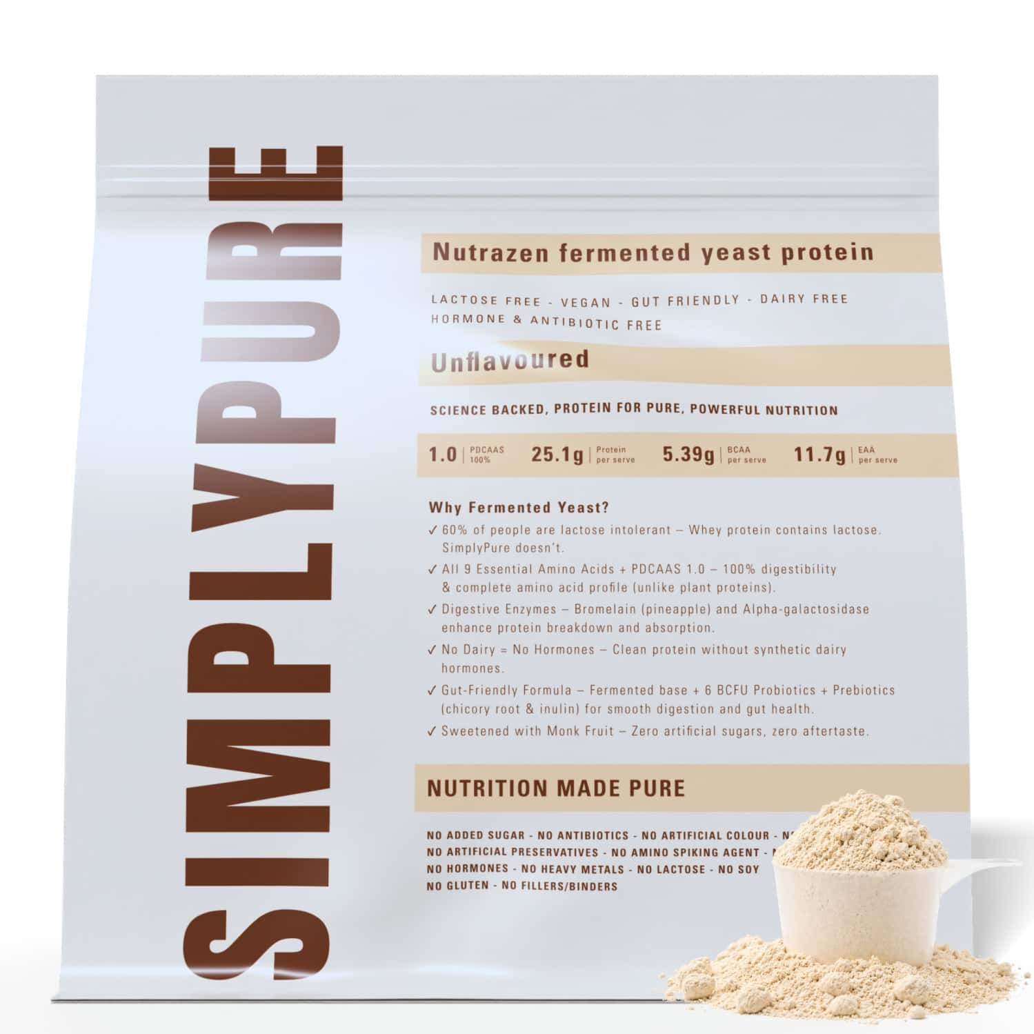 Nutrazen Simplypure Fermented Yeast Protein Powder 1kg Unflavoured | 25.1g Protein | Pdcaas 1.0
