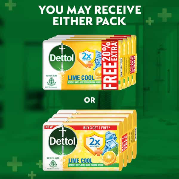 Dettol Lime Cool Bathing Soap Bar With 2X Menthol & Long Lasting Freshness - 125G (Buy 3 Get 1 Free)