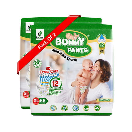 Bummy Pants Baby Diaper - Xl | Ultra Dry Comfort | 360 Protection | 12hr Absorption - (2 X 56pcs)