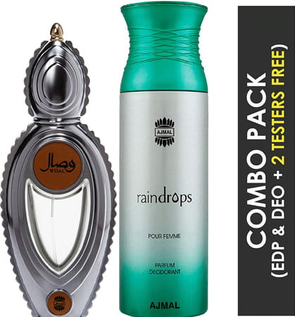 Ajmal Wisal Eau De Parfum 50ml Perfume For Women And Raindrops Femme Deodorant 200ml For Women