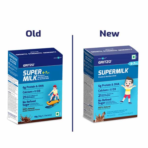 Gritzo Supermilk 4-7Y (Active Kids) | Trial Pack | 100% Natural Double Chocolate Flavour | 66 G
