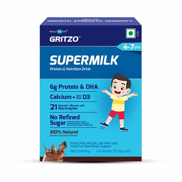 Gritzo Supermilk 4-7Y (Active Kids) | Trial Pack | 100% Natural Double Chocolate Flavour | 66 G