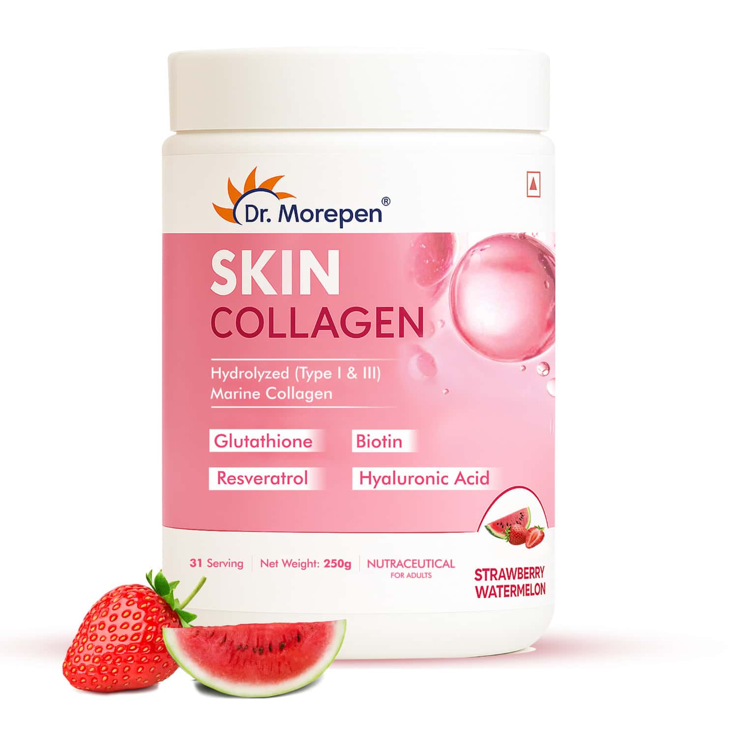 Dr. Morepen Skin Collagen | Strawberry Watermelon | Powder | Jar 250gm