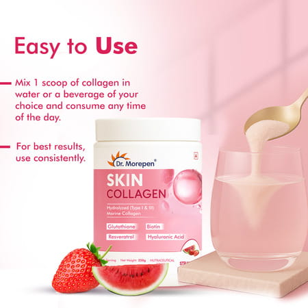 Dr. Morepen Skin Collagen | Strawberry Watermelon | Powder | Jar 250gm