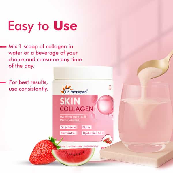 Dr. Morepen Skin Collagen | Strawberry Watermelon | Powder | Jar 250Gm