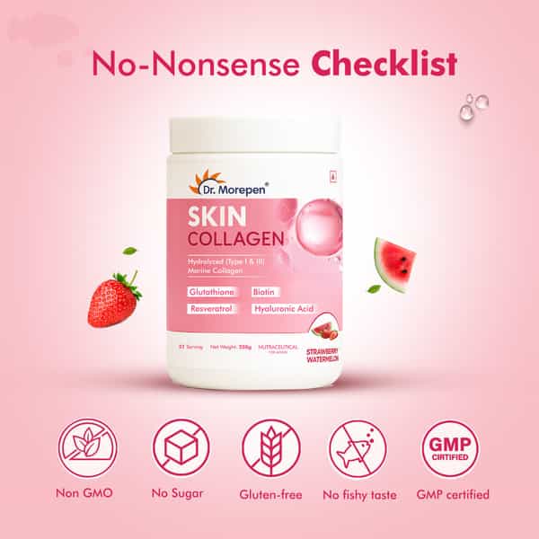 Dr. Morepen Skin Collagen | Strawberry Watermelon | Powder | Jar 250Gm