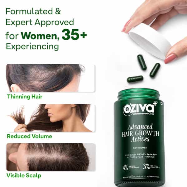 Oziva Advanced Hair Growth Actives Reduces Thinning Hair & Improves Scalp Coverage | 90 Capsules