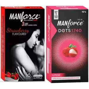 Manforce 3 In 1 Wild Strawberry & Extra Dotted Litchi Flavoured Condoms(set Of 2 20 Pcs)