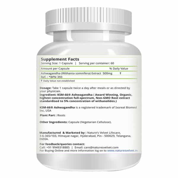 Natures Velvet Ashwagandha (Organic Ksm-66) Pure Extract 500 Mg | 60 Veggie Capsules