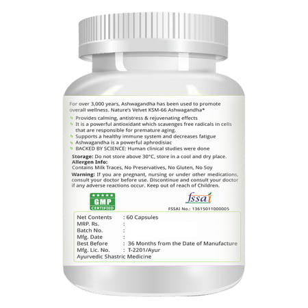 Natures Velvet Ashwagandha (Organic Ksm-66) Pure Extract 500 Mg | 60 Veggie Capsules