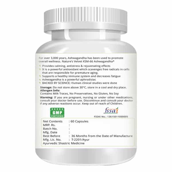 Natures Velvet Ashwagandha (Organic Ksm-66) Pure Extract 500 Mg | 60 Veggie Capsules