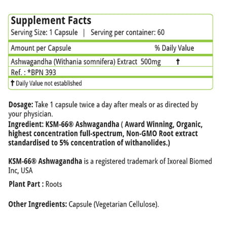 Natures Velvet Ashwagandha (Organic Ksm-66) Pure Extract 500 Mg | 60 Veggie Capsules