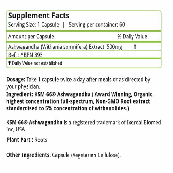 Natures Velvet Ashwagandha (Organic Ksm-66) Pure Extract 500 Mg | 60 Veggie Capsules