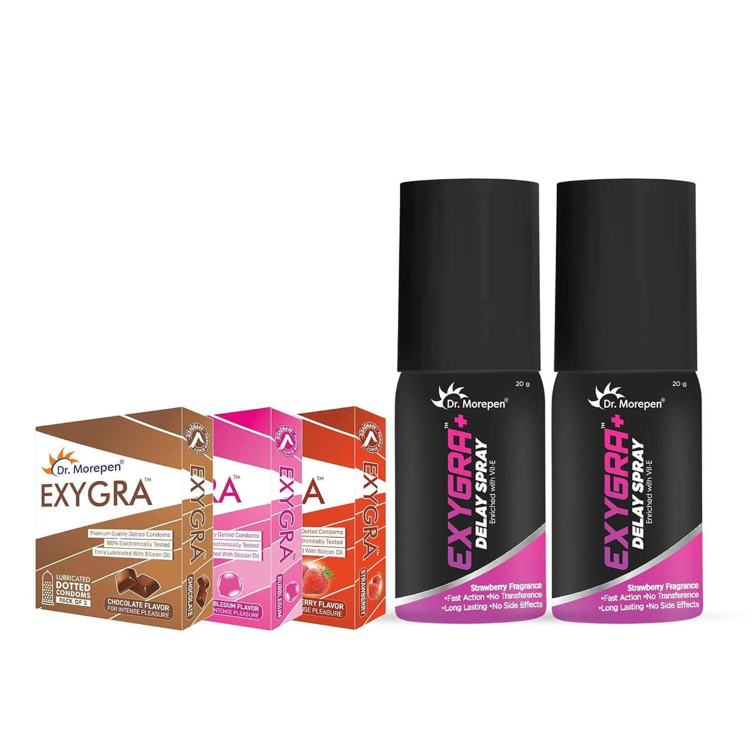 Dr. Morepen Exygra Condoms Pack Of 3 & Exygra Delay Spray 20g Pack Of 2