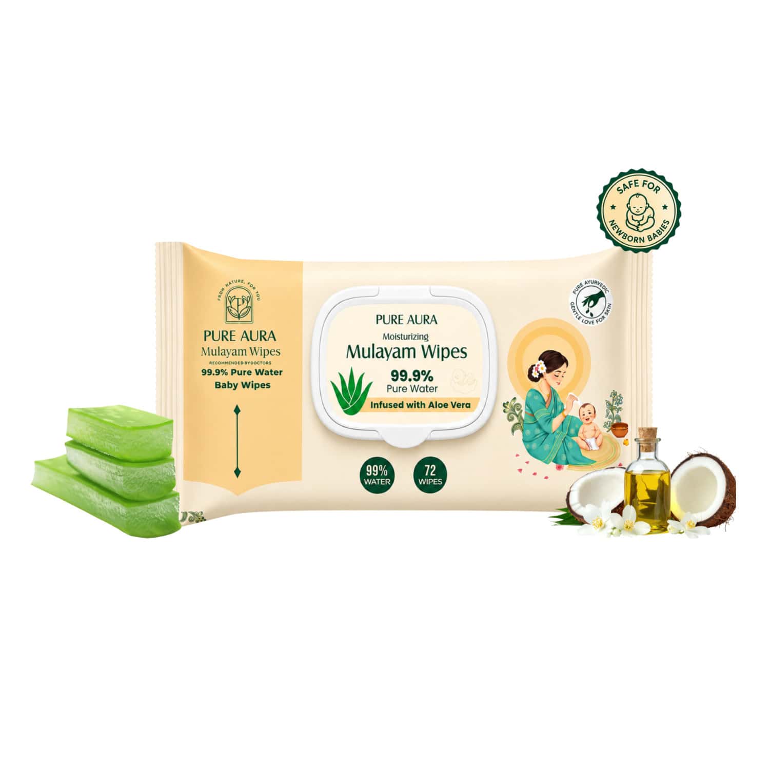 Pure Aura Baby Wipes -doctor Recommended 99.9% Pure Water Wipes With Aloe Vera 72 Pulls