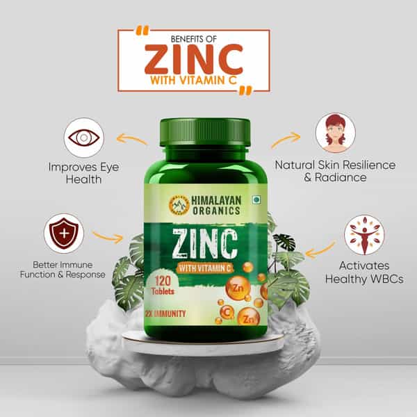 Himalayan Organics Zinc With Vitamin C | 2X Immunity | Bottle | 120 Tablets
