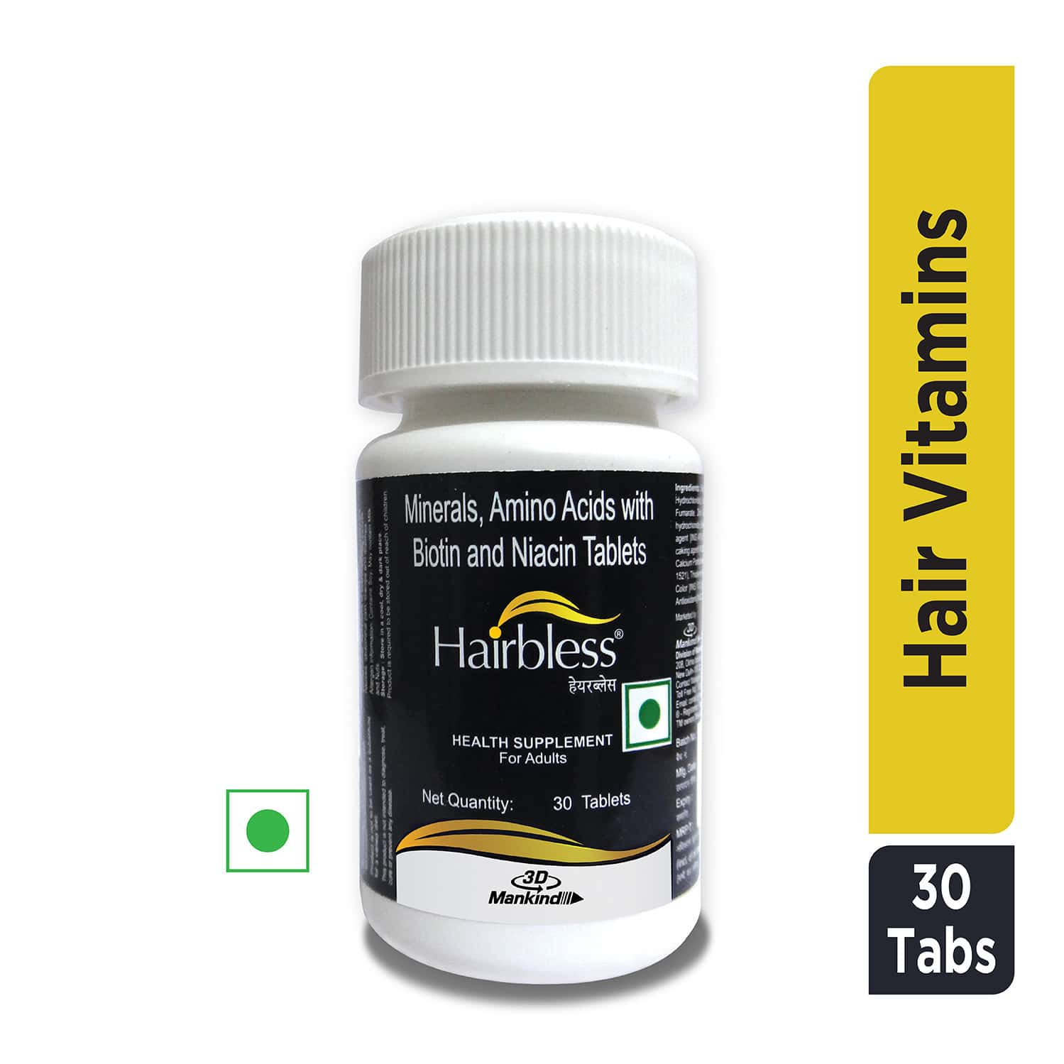 Hairbless Supplement | Biotin & Niacin | Gluten Free | Enriched With L-cystiene | 30 Tablets