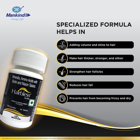 Hairbless Supplement | Biotin & Niacin | Gluten Free | Enriched With L-Cystiene | 30 Tablets