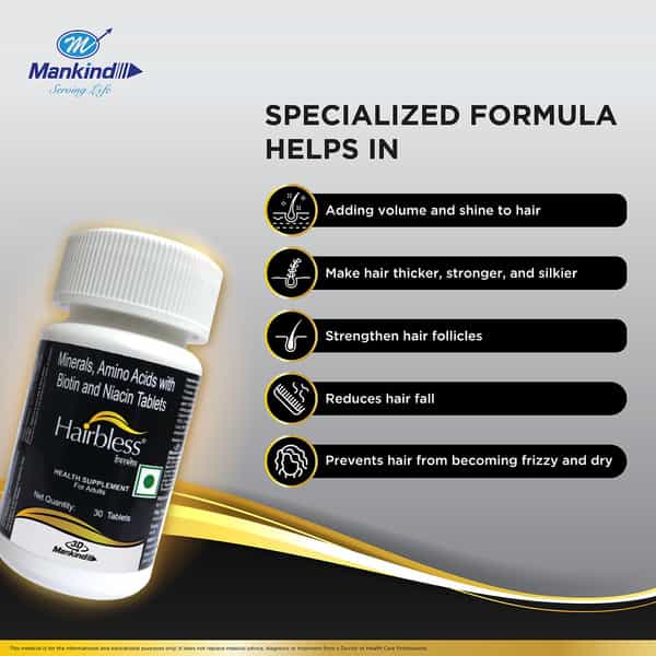 Hairbless Supplement | Biotin & Niacin | Gluten Free | Enriched With L-Cystiene | 30 Tablets