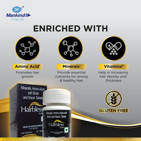 Hairbless Supplement | Biotin & Niacin | Gluten Free | Enriched With L-Cystiene | 30 Tablets