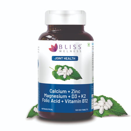 Bliss Welness Calcium Magnesium Zinc Vitamin D3 K2 B12 Folic Acid|Joint And Bones - 120 Veg Tablets