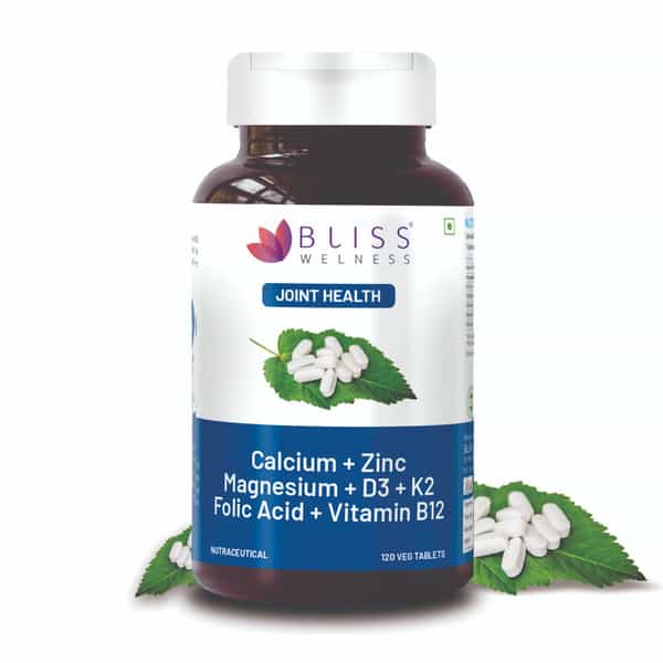 Bliss Welness Calcium Magnesium Zinc Vitamin D3 K2 B12 Folic Acid|Joint And Bones - 120 Veg Tablets