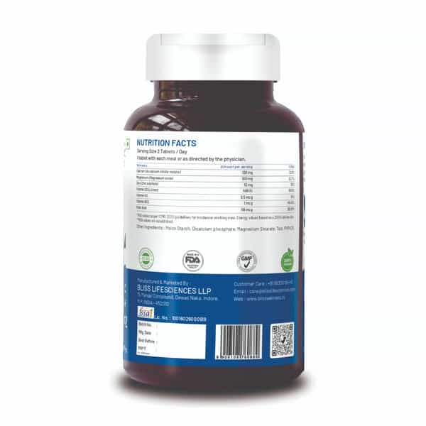 Bliss Welness Calcium Magnesium Zinc Vitamin D3 K2 B12 Folic Acid|Joint And Bones - 120 Veg Tablets
