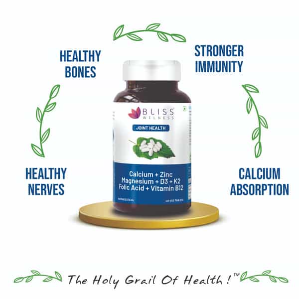 Bliss Welness Calcium Magnesium Zinc Vitamin D3 K2 B12 Folic Acid|Joint And Bones - 120 Veg Tablets
