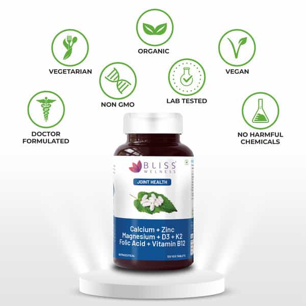 Bliss Welness Calcium Magnesium Zinc Vitamin D3 K2 B12 Folic Acid|Joint And Bones - 120 Veg Tablets